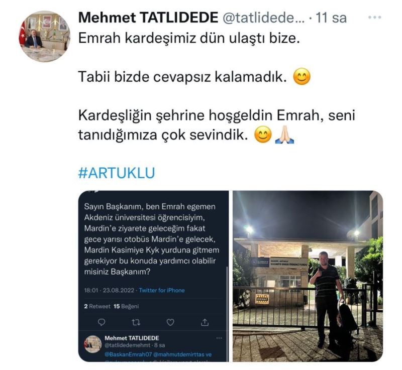Mardin’e gelen gencin imdadına Başkan Tatlıdede yetişti