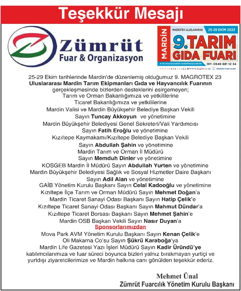 Zümrüt Fuar ve Organizasyon’dan teşekkür mesajı