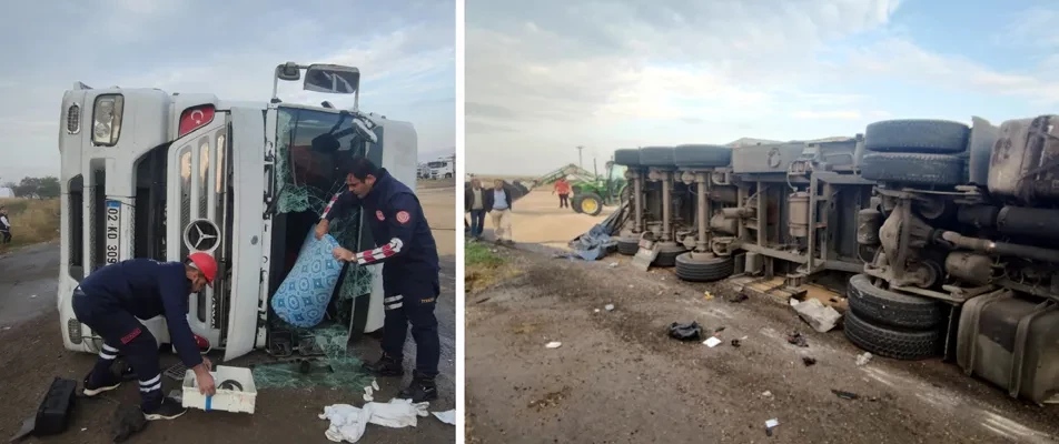 İpek yolunda buğday yüklü TIR devrildi, sürücü yaralandı