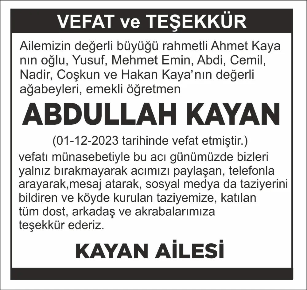 KAYAN AİLESİNDEN VEFAT VE TEŞEKKÜR MESAJI